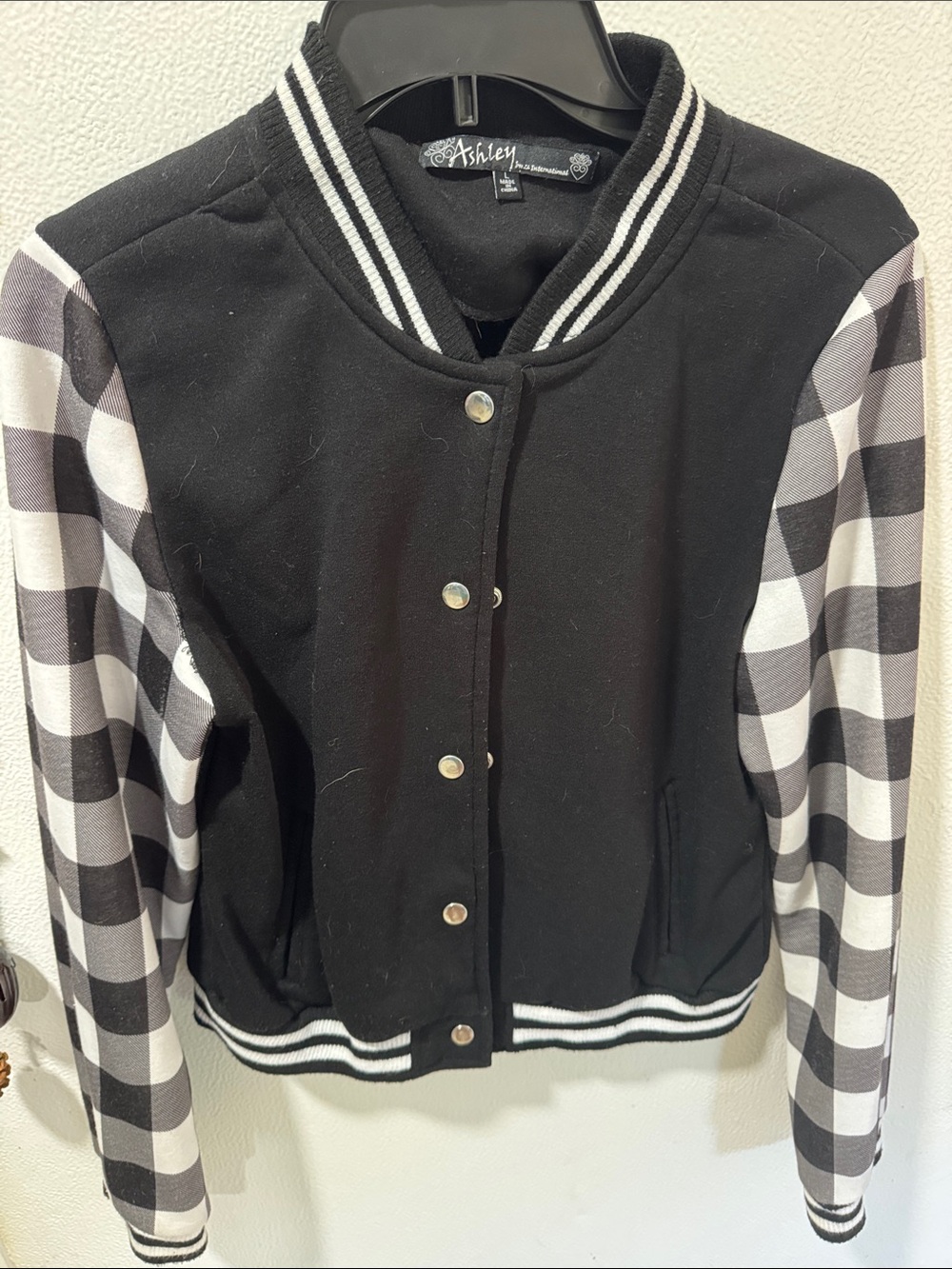 Ashley By 26 International Black Bomber with Black-and-White Plaid Sleeves